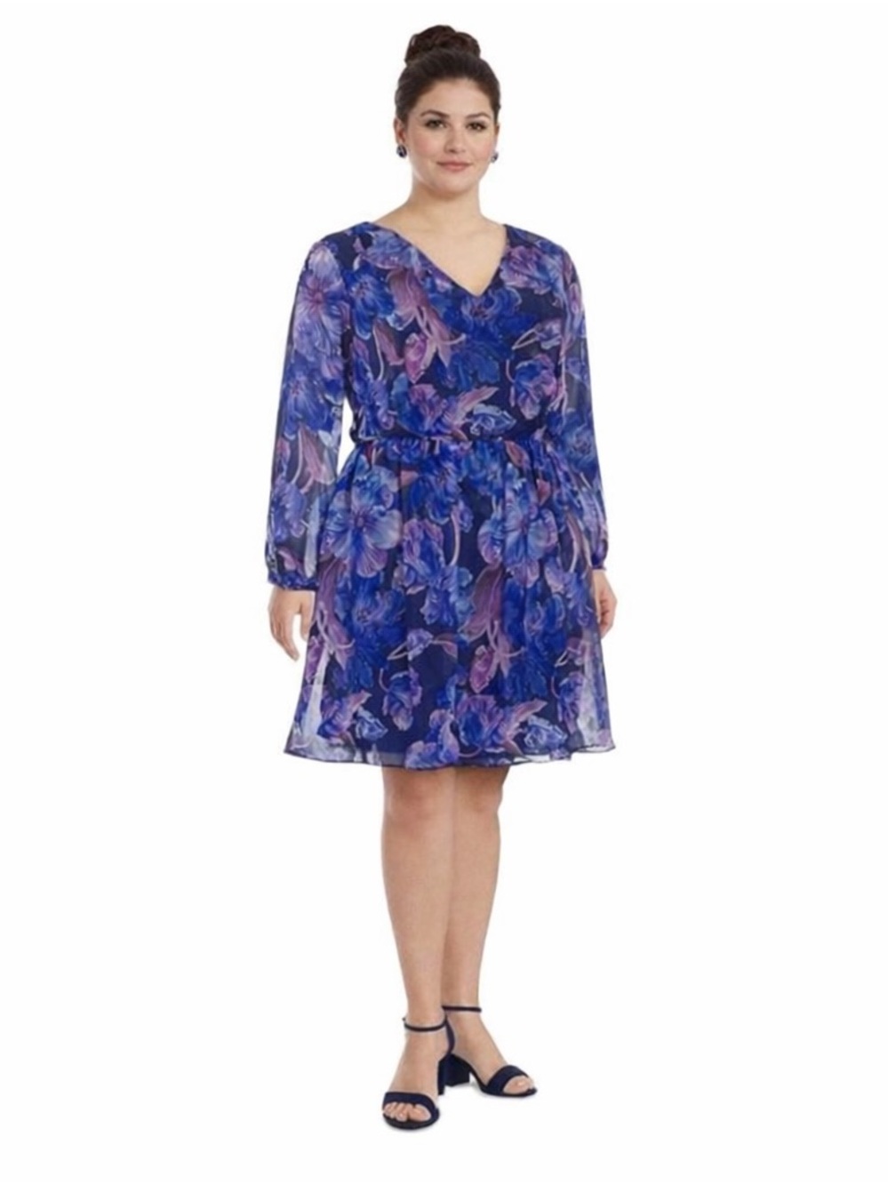 Alexia Admor Fall Floral Chiffon Career Desk Dinner Party Navy Purple Dress 2X